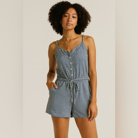 Denim & Supply Ralph Lauren Romper Women’s L Blue Gingham Plaid 100% Cotton